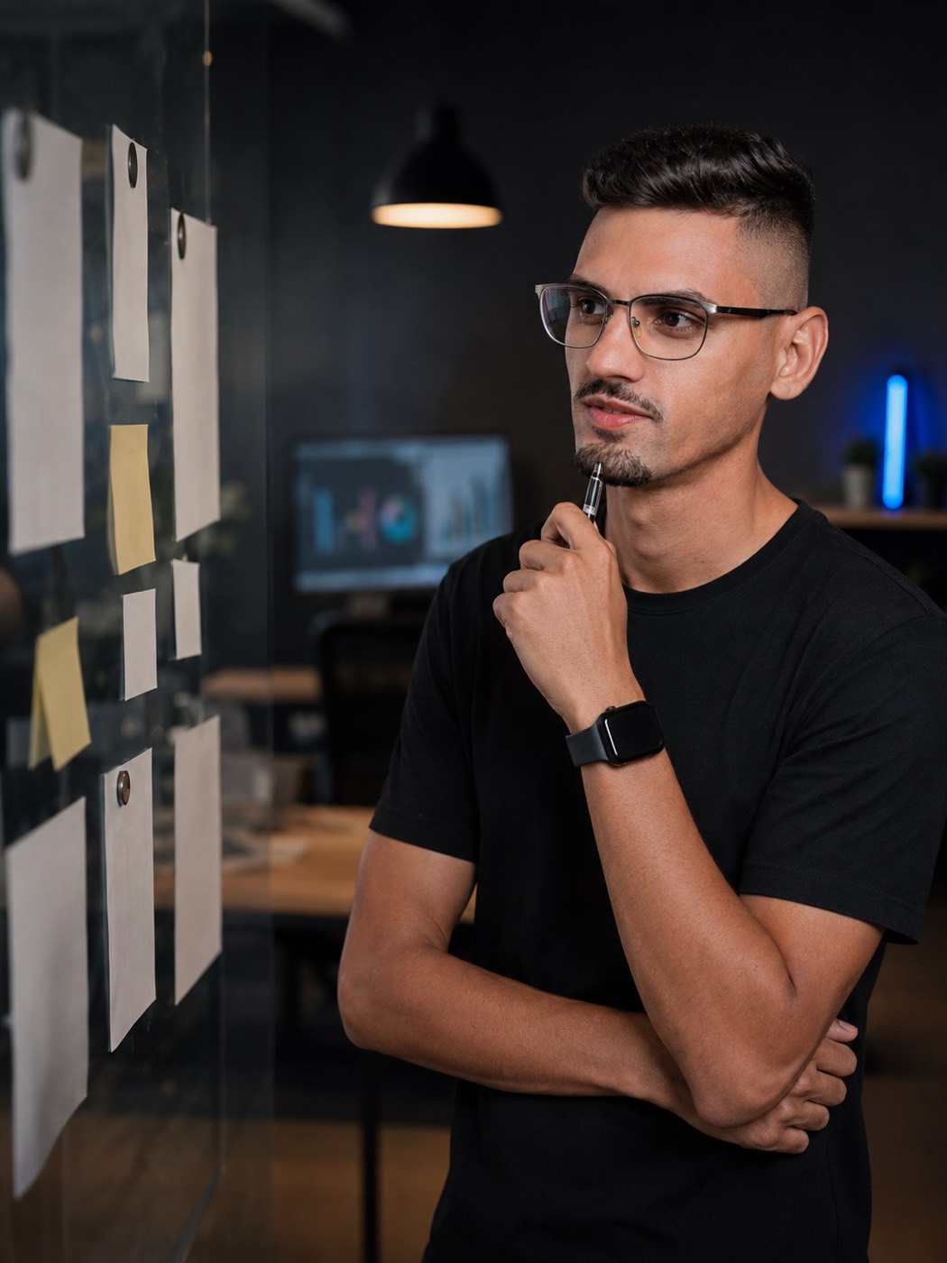 Matheus Fernandes diante de um quadro de vidro com anotações